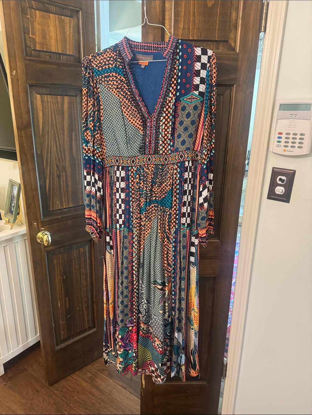 Long Sleeve V-Neck Maxi Dress in Multi-Color Patchwork